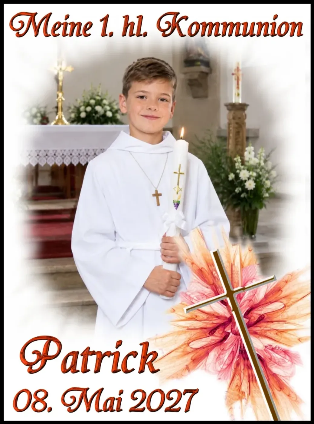 Personalisierter Fototortenaufleger für Kommunion, Konfirmation, Firmung und Jugendweihe mit feurigem Kreuz-Strahlenkranz (Hochformat)